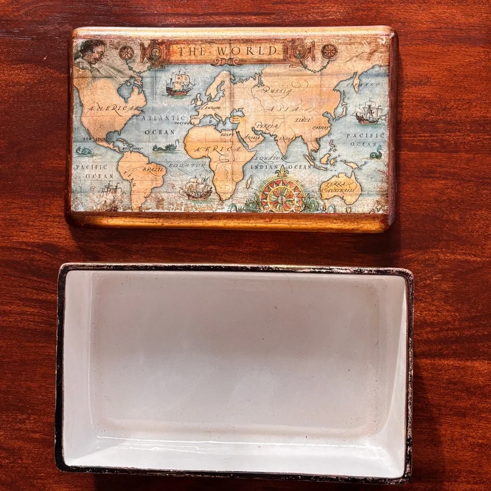 Vintage Old World Map Box Jewelry Trinkets Made in Italy Ceramic